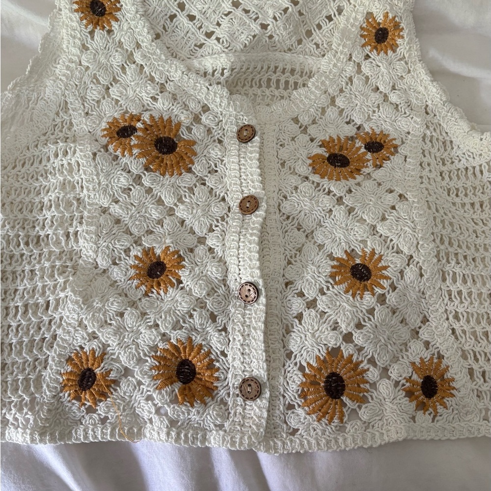 Crochet Sunflower Button-Up Vest